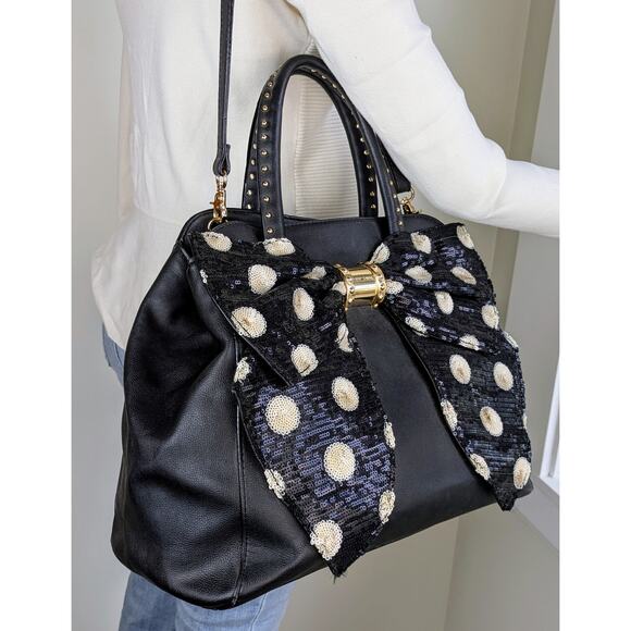 Betsey Johnson Sequin Polka Dot Bow Convertible Crossbody Satchel Bag Blk White - Picture 7 of 12